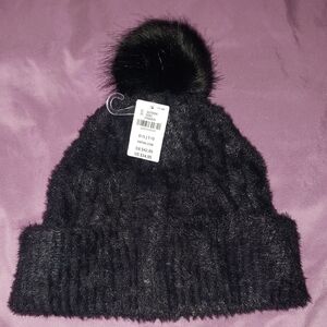 PINK Victoria's Secret Black Fuzzy Pom Beanie